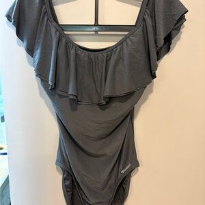 Michael Kors Gray One-Piece Swimsuit with Gold Logo Plaque